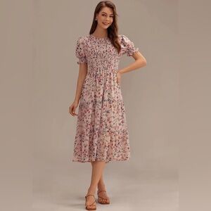 NWT Petallush | Women’s Pink Floral Short Puff Sleeve Smock Bodice Midi Dress L